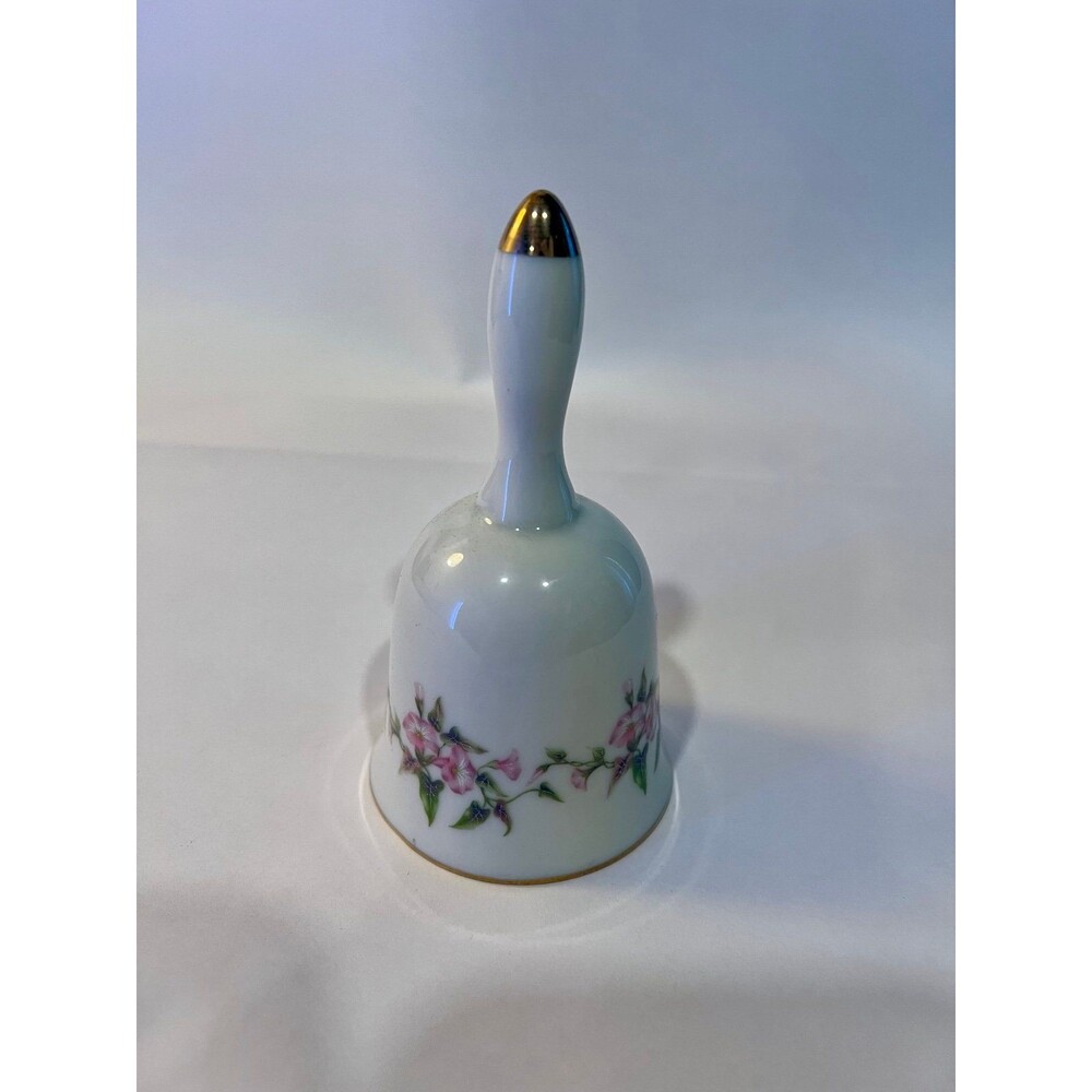 vintage porcelain bell produced by Russ Berrie & Co. Inc., featuring pink floral